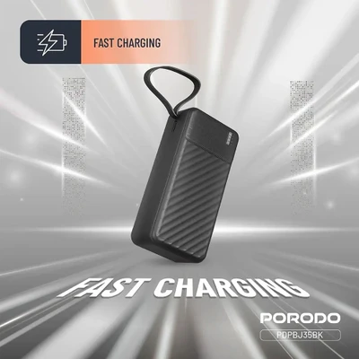 خرید پاور بانک 30000 پورودو Porodo مدل PDPBJ35BK با کابل و چراغ قوه اورجینال فست شارژ