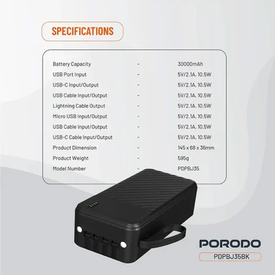 پاور بانک 30000 پورودو Porodo مدل PDPBJ35BK با کابل و چراغ قوه اورجینال